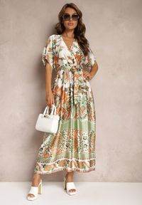 Renee - Zielona Kopertowa Sukienka Maxi z Gumką w Talii i Rozkloszowanym Dołem Jeanina. Kolor: zielony. Materiał: materiał, tkanina. Długość rękawa: krótki rękaw. Typ sukienki: kopertowe. Długość: maxi #3