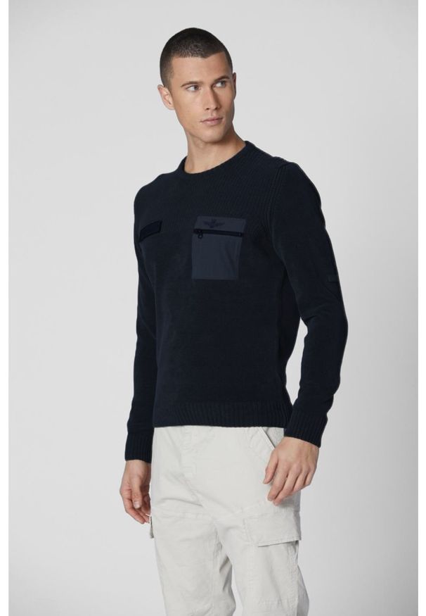 Aeronautica Militare - AERONAUTICA MILITARE Granatowy sweter męski 242MA1515L539, Rozmiar 3XL. Kolor: niebieski