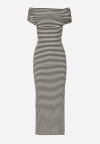 Born2be - Czarno-Biała Sukienka Typu Hiszpanka z Rozcięciem u Dołu w Paski Vikittas. Okazja: na co dzień, na spacer. Typ kołnierza: dekolt hiszpanka. Kolor: czarny. Materiał: wiskoza. Wzór: paski. Sezon: lato. Typ sukienki: proste. Styl: casual #2