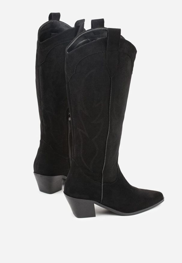 Renee - Czarne Haftowane Kozaki Kowbojki na Stożkowym Obcasie Galianna. Okazja: na co dzień. Kolor: czarny. Materiał: jeans, koronka. Wzór: haft. Obcas: na obcasie. Styl: casual. Wysokość obcasa: średni
