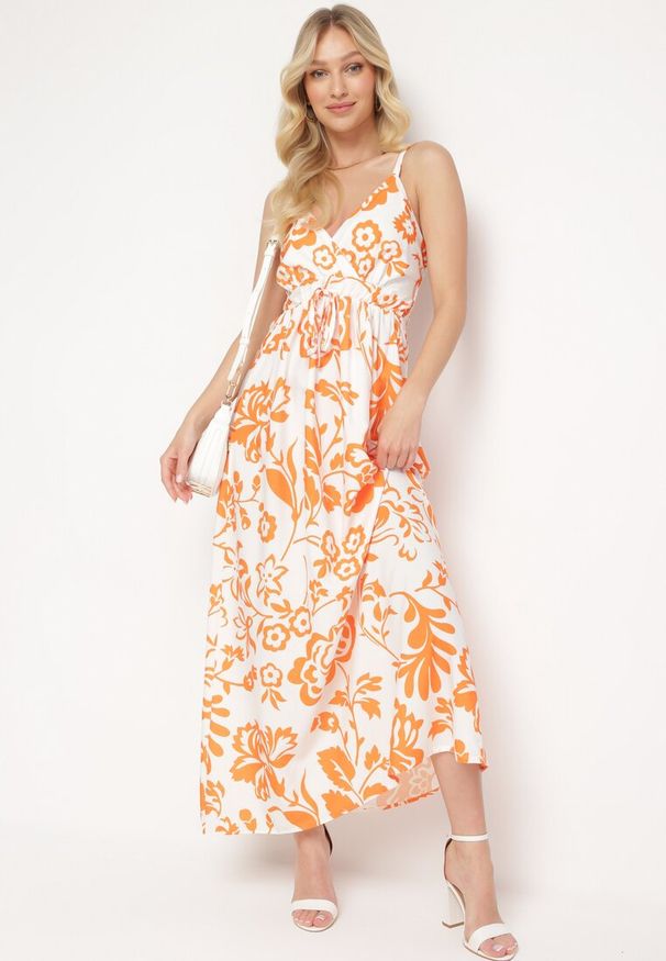 Born2be - Pomarańczowa Sukienka na Regulowanych Ramiączkach z Gumkami na Plecach Ściągana Troczkiem Harnela. Okazja: na co dzień. Kolor: pomarańczowy. Długość rękawa: na ramiączkach. Typ sukienki: proste. Styl: klasyczny, casual, elegancki