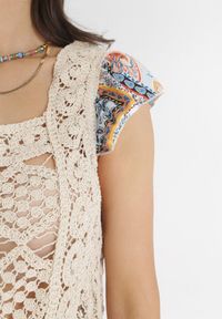 Born2be - Niebiesko-Beżowa Rozkloszowana Sukienka Maxi z Szydełkową Górą i Falbankami z Bawełny Madela. Typ kołnierza: kołnierz z falbankami. Kolor: niebieski. Materiał: bawełna. Sezon: wiosna, lato. Długość: maxi #4