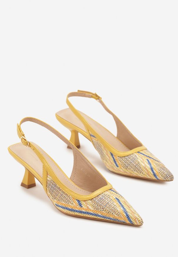 Renee - Żółte Plecione Sandały Slingback na Obcasie Typu Kaczuszka Kosenela. Okazja: na co dzień, na spotkanie biznesowe, do pracy. Nosek buta: szpiczasty. Kolor: żółty. Obcas: na obcasie. Styl: elegancki, biznesowy, casual. Wysokość obcasa: średni