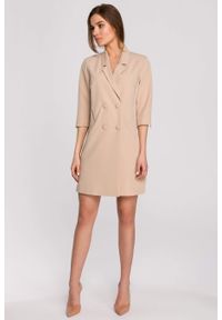 Stylove - Elegancka sukienka marynarkowa z paskiem beżowa. Okazja: na co dzień. Kolor: beżowy. Materiał: wiskoza, elastan, poliester. Typ sukienki: proste. Styl: elegancki #4
