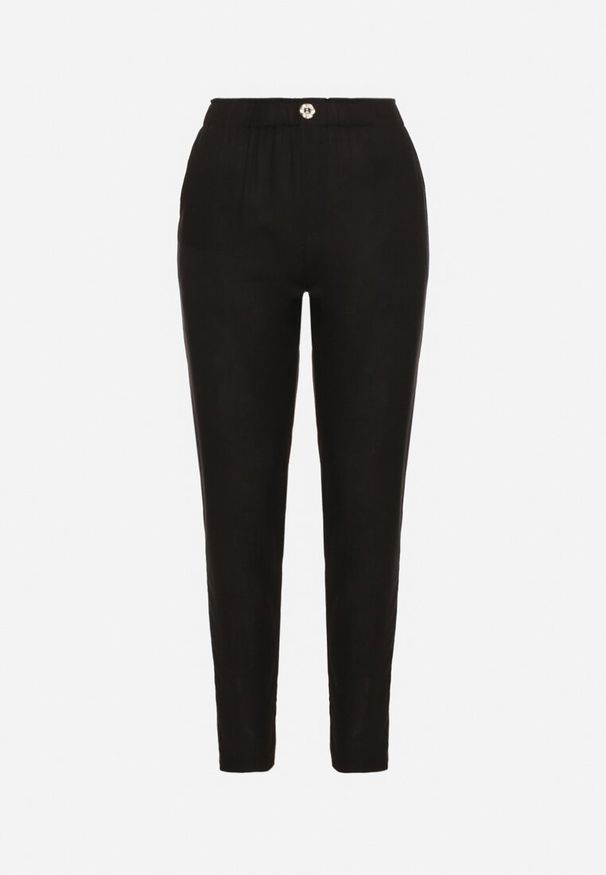 Born2be - Czarne Spodnie z Lnem o Klasycznym Kroju z Gumką w Talii Filarse. Okazja: na co dzień. Kolor: czarny. Materiał: len. Sezon: wiosna, lato. Styl: klasyczny