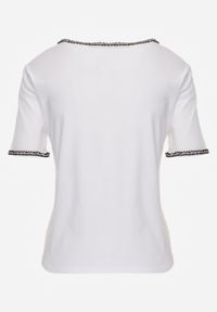 Renee - Biały T-shirt z Bawełny Zdobiony Lamówką z Metaliczną Nicią Petinope. Kolor: biały. Materiał: bawełna. Wzór: aplikacja #3