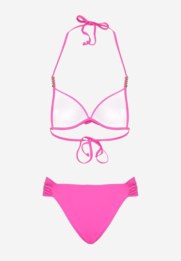 Born2be - Fuksjowe Bikini Biustonosz Push Up z Wiązaniem i Majtki Figi Miraviela. Kolor: różowy. Wzór: ażurowy, haft