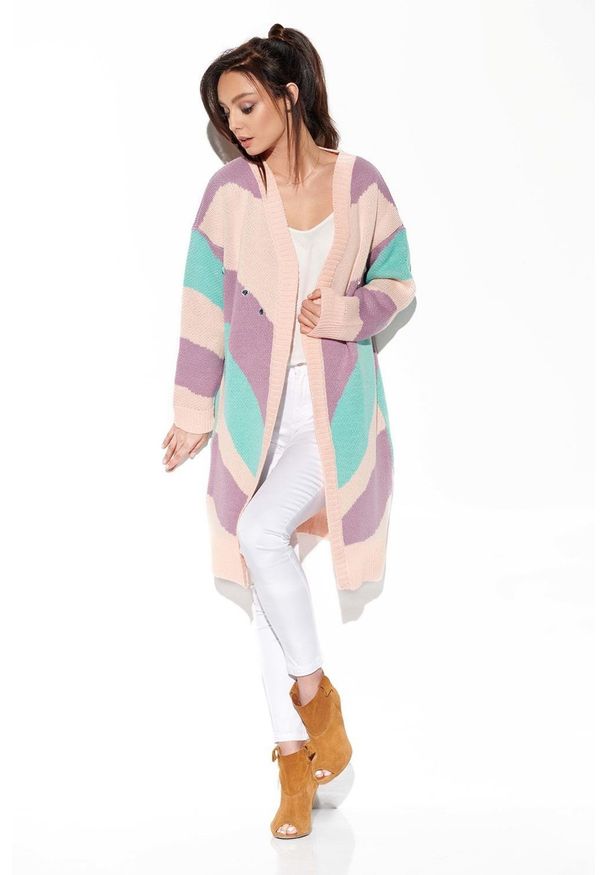 Lemoniade - Oversizowy sweter kardigan z kolorowymi paskami. Okazja: na co dzień. Materiał: materiał, akryl. Wzór: kolorowy. Styl: casual