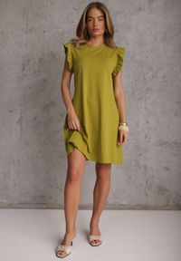 Renee - Ciemnozielona Trapezowa Sukienka z Elastycznej Bawełny z Falbankami Przy Ramionach Aleradia. Typ kołnierza: kołnierz z falbankami. Kolor: zielony. Materiał: bawełna. Długość rękawa: krótki rękaw. Wzór: aplikacja. Sezon: lato. Typ sukienki: trapezowe. Długość: mini #8