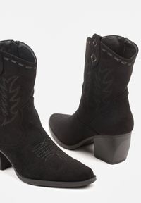 Renee - Czarne Botki Kowbojki na Stożku Ozdobione Haftem Falacine. Okazja: na co dzień. Kolor: czarny. Materiał: jeans. Wzór: haft, aplikacja. Obcas: na stożku. Styl: casual #3
