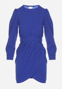 Born2be - Niebieska Sukienka z Marszczeniem i Bufiastymi Rękawami Redenia. Kolor: niebieski. Styl: klasyczny, elegancki #4