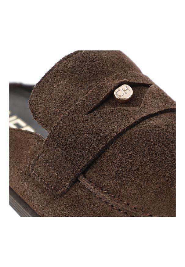 CheBello - Klapki damskie Chebello, welurowa cholewka wsuwany fason otwarta pięta klasyczny mokasynowy krój minimalistyczny design lekka płaska podeszwa, brązow. Okazja: na co dzień. Nosek buta: otwarty. Kolor: brązowy. Materiał: welur. Obcas: na płaskiej podeszwie. Styl: klasyczny