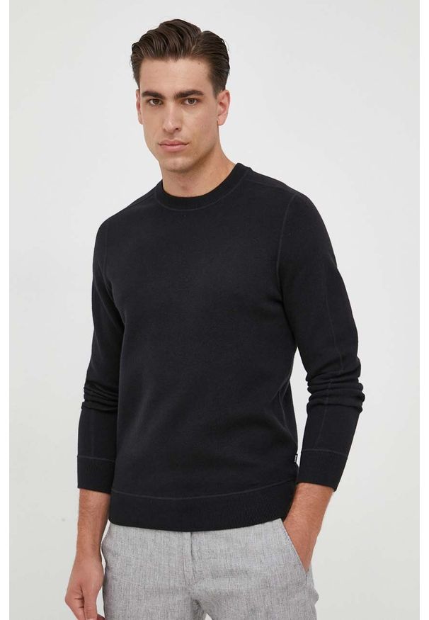 BOSS sweter z domieszką wełny kolor czarny. Kolor: czarny. Materiał: wełna