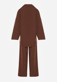 Renee - Brązowy Komplet Garniturowy Oversize Marynarka Dwurzędowa i Spodnie Wide Leg Tevilna. Kolor: brązowy. Wzór: aplikacja #3