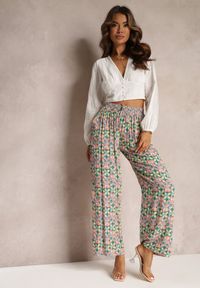 Renee - Zielono-Różowe Wiskozowe Spodnie High Waist Szerokie z Gumką w Pasie i Kieszeniami Aizha. Stan: podwyższony. Kolor: zielony. Materiał: wiskoza #5
