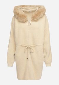 Born2be - Beżowy Płaszcz o Długim Kroju z Futrem i Ściągaczem w Talii Delirith. Okazja: na co dzień. Typ kołnierza: kaptur. Kolor: beżowy. Materiał: futro. Długość: długie. Styl: casual, elegancki #7
