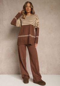 Renee - Brązowy Komplet z Dzianiny z Wełną Pasiasty Sweter i Spodnie Ralleia. Kolor: brązowy. Materiał: dzianina, wełna. Wzór: paski #5