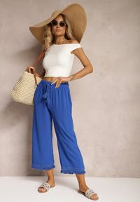 Renee - Niebieskie Szerokie Spodnie High Waist z Gumką w Pasie Jolfea. Okazja: na co dzień. Stan: podwyższony. Kolor: niebieski. Materiał: tkanina. Styl: casual, elegancki