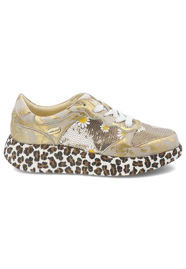 Złote Sneakersy Laura Vita Modne Obuwie Damskie Panterka. Zapięcie: sznurówki. Kolor: złoty. Materiał: skóra. Wzór: motyw zwierzęcy. Sezon: lato, wiosna. Styl: klasyczny, elegancki