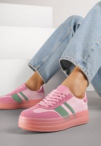 Renee - Różowe Sneakersy w Stylu Tenisówek z Geometrycznym Wzorem Melundea. Okazja: na co dzień. Kolor: różowy. Materiał: jeans. Wzór: geometria. Obcas: na obcasie. Wysokość obcasa: niski #6