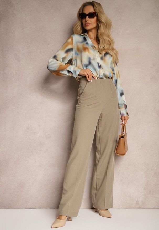 Renee - Ciemnobeżowe Szerokie Spodnie z Imitacją Kieszeni Garniturowe High Waist Iriniael. Stan: podwyższony. Kolor: beżowy. Materiał: tkanina