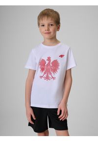 4f - 4F Koszulka kibica dziecięca - biała 128 (7-8 lat). Okazja: na co dzień. Kolor: biały. Materiał: materiał, bawełna, jeans, dresówka, dzianina, skóra. Wzór: nadruk. Sezon: lato. Styl: młodzieżowy, klasyczny, casual #1