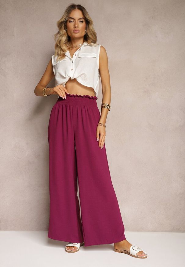 Renee - Bordowe Spodnie High Waist z Szerokimi Nogawkami i Gumką w Pasie Risabessa. Okazja: na co dzień. Stan: podwyższony. Kolor: czerwony. Styl: elegancki, casual