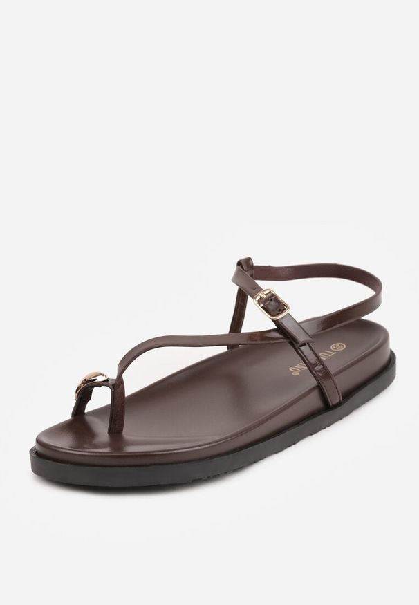 Renee - Brązowe Sandały Japonki na Palec na Platformie z Metaliczną Ozdobą Rinevia. Kolor: brązowy. Materiał: jeans. Wzór: aplikacja. Sezon: lato. Obcas: na platformie. Styl: elegancki