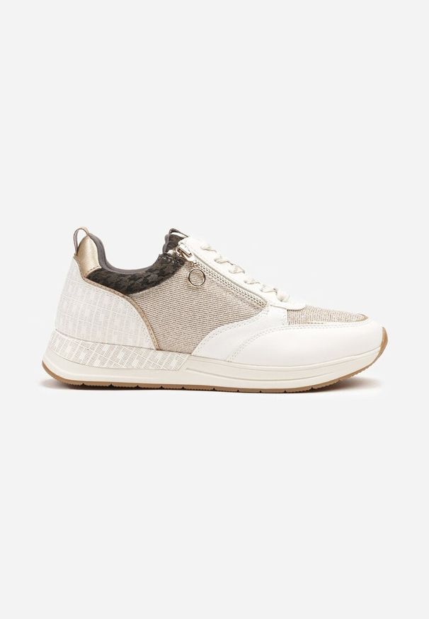 Renee - Beżowo-Złote Sneakersy z Wkładką ze Skóry Naturalnej Zdobione Suwakiem Fihanor. Okazja: na co dzień. Kolor: beżowy. Materiał: skóra. Wzór: aplikacja. Obcas: na obcasie. Wysokość obcasa: niski