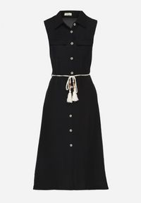 Born2be - Czarna Koszulowa Sukienka z Wiskozy o Rozkoszowanym Kroju Wiązaniem z Frędzlami Zenbia. Okazja: na co dzień. Typ kołnierza: kołnierzyk klasyczny. Kolor: czarny. Materiał: wiskoza. Typ sukienki: koszulowe. Styl: klasyczny, casual, elegancki #7