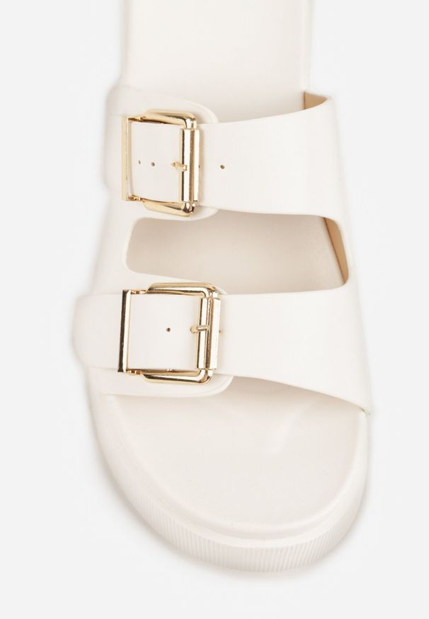 Born2be - Białe Klapki na Grubej Podeszwie z Dwoma Klamrami Xenienne. Okazja: na co dzień. Kolor: biały. Materiał: jeans, len. Wzór: ażurowy. Styl: elegancki, klasyczny, casual