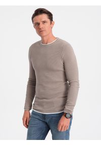 Ombre Clothing - Bawełniany sweter męski z okrągłym dekoltem - zimny beż V9 OM-SWSW-0103 - XXL. Kolor: beżowy. Materiał: bawełna. Styl: klasyczny #1