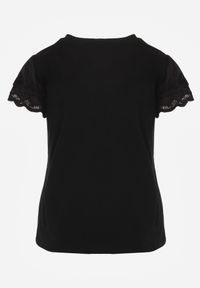 Renee - Czarny T-shirt z Bawełny z Rękawami z Koronki Hycis. Kolor: czarny. Materiał: bawełna, koronka. Wzór: koronka #5