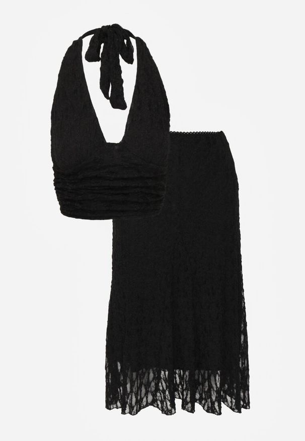 Renee - Czarny Komplet z Koronki Spódnica i Top z Wiązaniem na Szyi Dainetia. Kolor: czarny. Materiał: koronka. Wzór: koronka