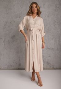 Renee - Jasnobeżowa Koszulowa Sukienka Utility z Bawełny z Wiązanym Paskiem w Talii Retona. Okazja: na co dzień. Kolor: beżowy. Materiał: bawełna. Sezon: lato. Typ sukienki: koszulowe. Styl: boho, glamour, casual #8