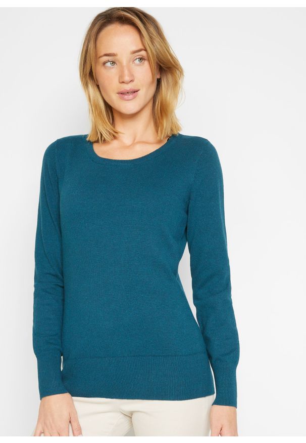 bonprix - Sweter basic z bawełny z recyklingu. Okazja: na co dzień. Kolor: zielony. Materiał: bawełna. Wzór: gładki, prążki, ze splotem. Styl: casual