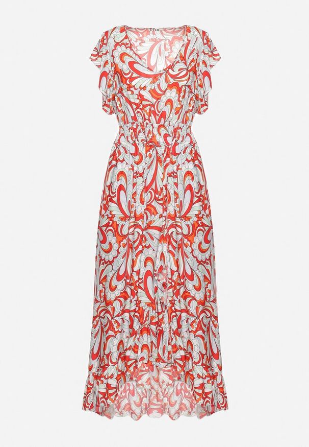 Born2be - Beżowo-Pomarańczowa Asymetryczna Sukienka z Gumką w Pasie z Falbankami z Wiskozy Venimra. Typ kołnierza: kołnierz z falbankami. Kolor: beżowy. Materiał: wiskoza. Typ sukienki: asymetryczne