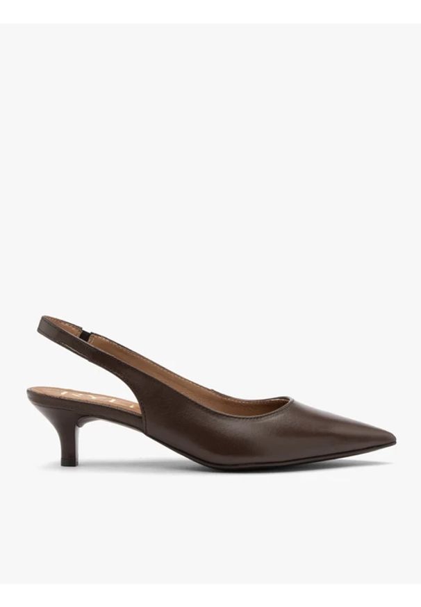 Ryłko - Brązowe czółenka slingback bez pięty. Okazja: na co dzień. Nosek buta: szpiczasty. Kolor: brązowy. Materiał: skóra. Obcas: na obcasie. Styl: casual, street, klasyczny, elegancki. Wysokość obcasa: średni