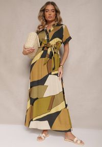 Renee - Zielona Wiskozowa Sukienka Koszulowa z Paskiem w Geometryczny Print Falintia. Okazja: na co dzień. Typ kołnierza: dekolt w kształcie V. Kolor: zielony. Materiał: wiskoza. Długość rękawa: krótki rękaw. Wzór: geometria, nadruk. Typ sukienki: koszulowe. Styl: klasyczny, casual