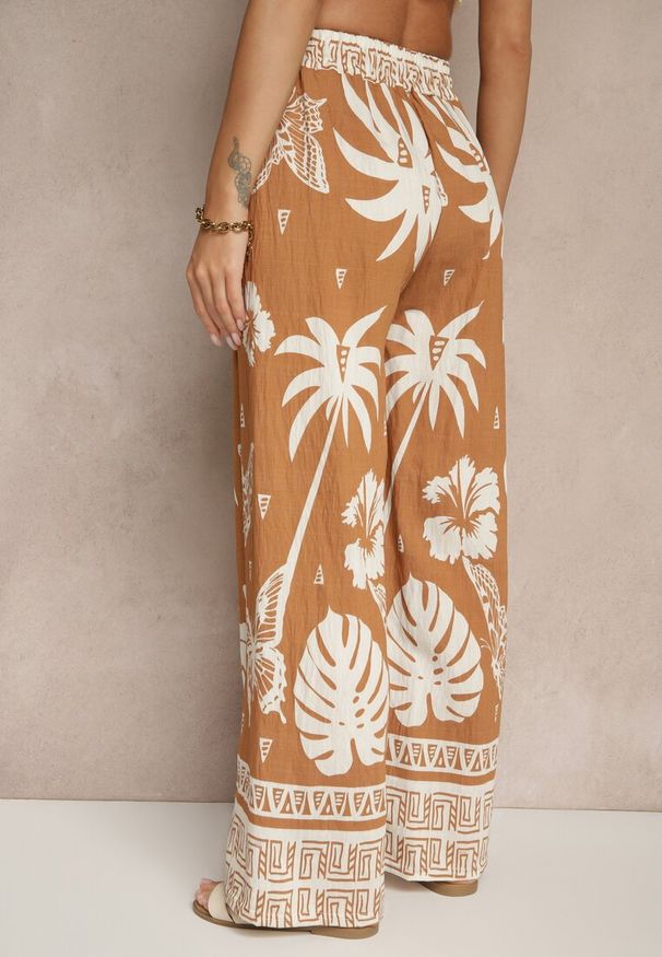 Renee - Brązowe Szerokie Spodnie z Gumką w Pasie w Stylu Boho Evirami. Kolor: brązowy. Sezon: lato. Styl: boho