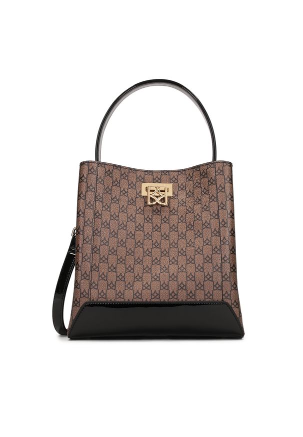 Kazar - Średniej wielkości torebka w monogramy KAZAR. Kolor: brązowy. Materiał: lakierowane, skórzane. Styl: elegancki