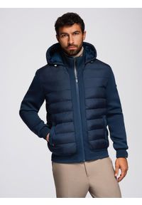 Ombre Clothing - Pikowana kurtka bomberka z kapturem i dzianinowymi rękawami – granatowa V2 - Rozmiar: L. Typ kołnierza: kaptur. Kolor: niebieski. Materiał: dzianina. Wzór: aplikacja, nadruk. Styl: klasyczny