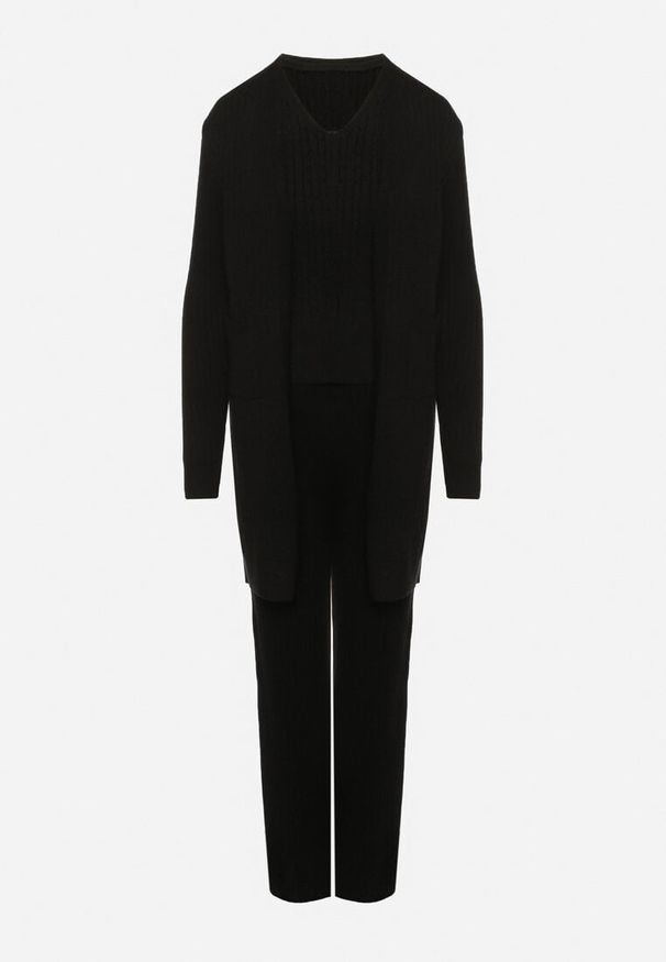 Born2be - Czarny Komplet Dzianinowy z Bawełną Spodnie Kamizelka i Długi Kardigan Meviravia. Kolor: czarny. Materiał: bawełna, dzianina