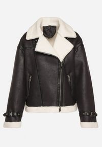 Born2be - Czarna Kurtka Ramoneska Biker z Futerkiem i Paskami z Klamrami Mandrie. Okazja: na spacer, na co dzień. Kolor: czarny. Materiał: futro. Wzór: aplikacja. Styl: klasyczny, casual, elegancki #2