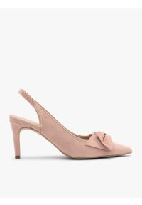 Ryłko - Różowe czółenka damskie bez pięty slingback z kokardą. Kolor: różowy. Materiał: skóra, welur. Obcas: na obcasie. Styl: street. Wysokość obcasa: średni #1