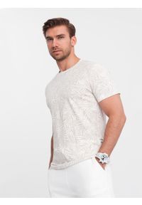 Ombre Clothing - T-shirt męski fullprint w liście palmy - jasnobeżowy V1 - Rozmiar: S. Okazja: na co dzień. Kolor: beżowy. Materiał: skóra, bawełna. Styl: casual