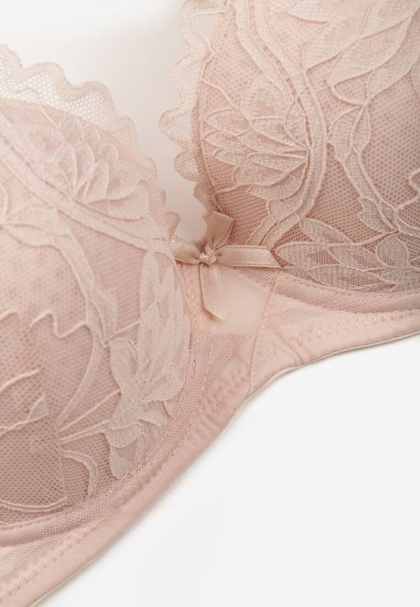 Born2be - Jasnoróżowy Koronkowy Biustonosz z Ozdobnymi Kokardkami na Ramiączkach Aeleolopei. Kolor: różowy. Materiał: koronka. Wzór: koronka, aplikacja
