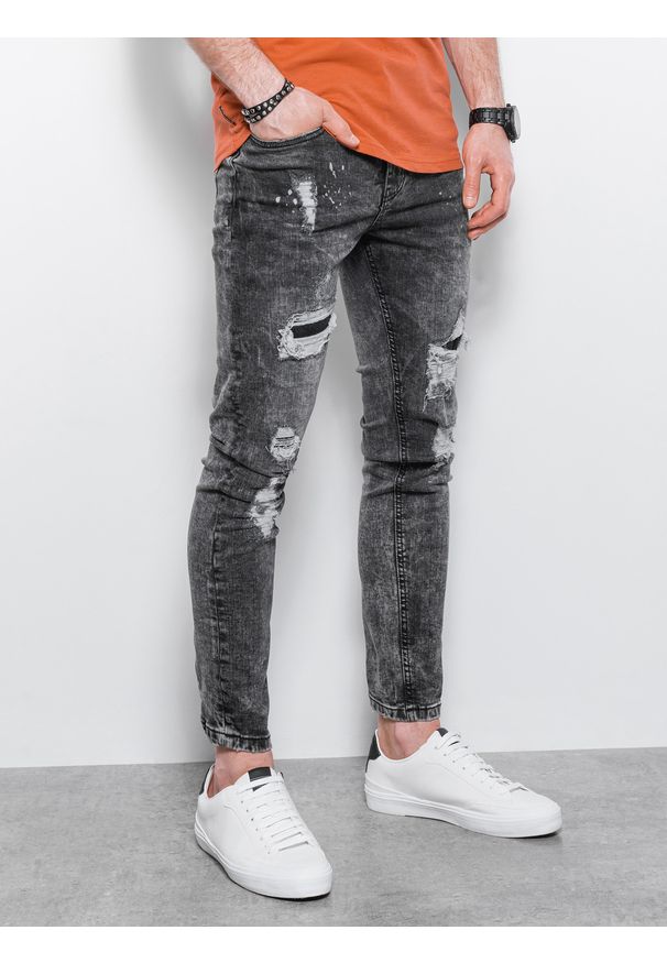 Ombre Clothing - Spodnie męskie jeansowe z dziurami SLIM FIT P1065 - szare - XXL. Kolor: szary. Materiał: jeans