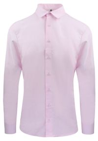 Delikatnie Wyszczuplana (Slim) Męska Koszula - Lanier - Różowa. Kolor: różowy. Materiał: poliester, bawełna. Styl: sportowy, klasyczny #1