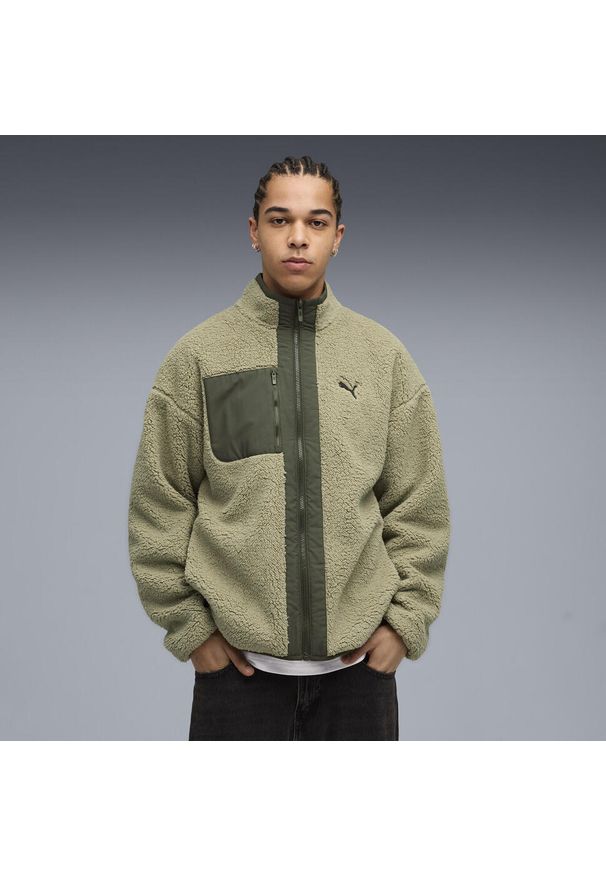 Puma - Męska dwustronna kurtka hybrydowa z dzianiną typu baranek PUMA Lux Army Green. Kolor: zielony. Materiał: dzianina. Wzór: gładki. Sport: turystyka piesza